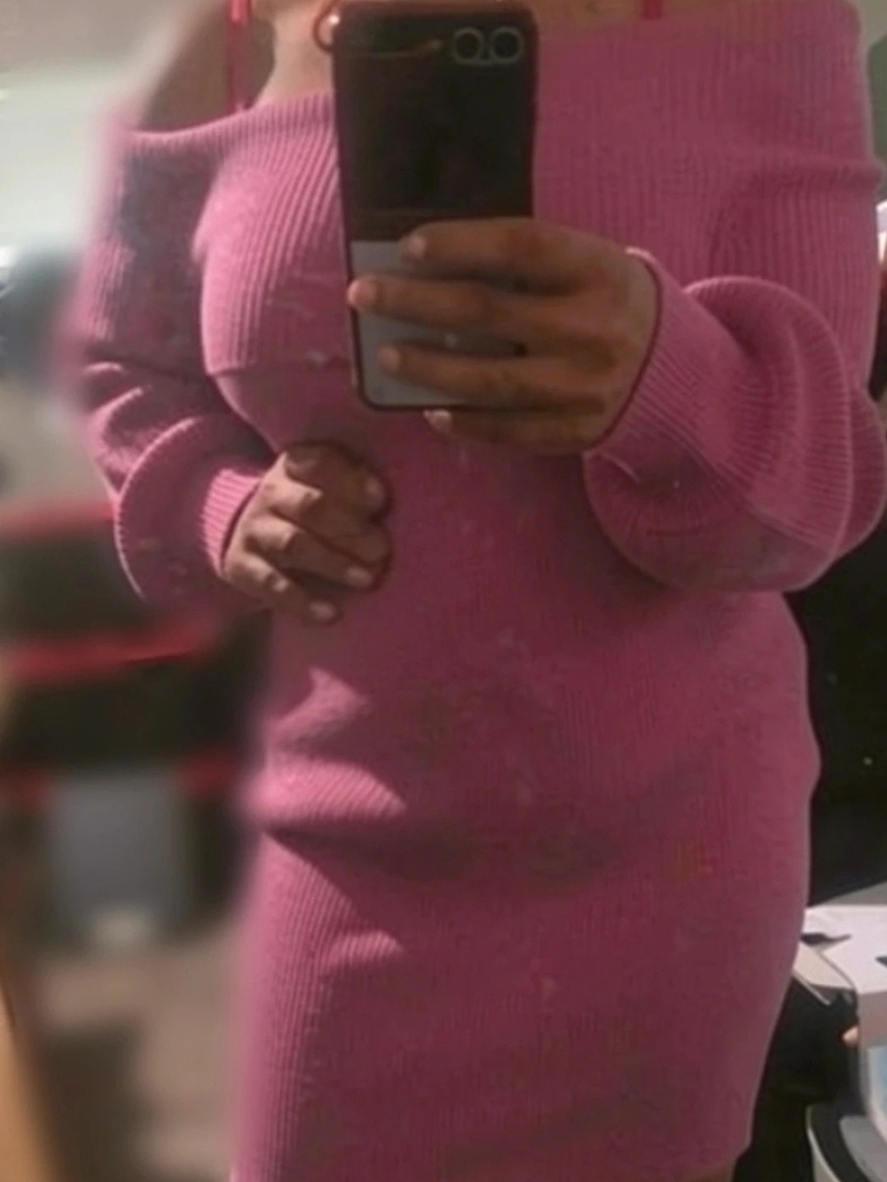 Off-Shoulder Ribbed Knit Sweater Dress - Pink